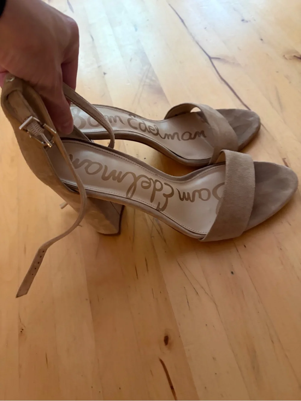 Sam Edelman Suede Ankle-Strap Block Heel in Taupe